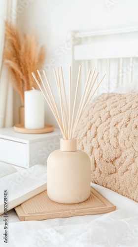 Cozy ambiance filled with the scent of relaxation, featuring a reed diffuser, candles, and an open book on a snowy winter day, perfect for unwinding