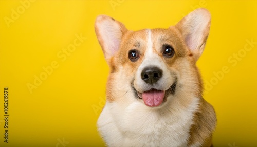 Adorable Corgi Dog Portrait. Photo Studio. Yellow Background.