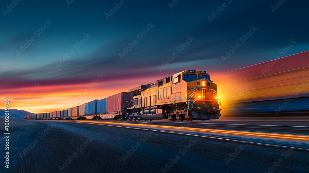 A cargo train is moving along the tracks, carrying various goods such as containers and freight cars against a blue sky with white clouds A cargo train is moving along the tracks, carrying various goods such as containers and freight cars against a blue sky with white clouds