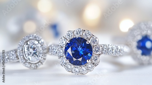 Elegant blue sapphire ring surrounded by shimmering diamonds, perfect for engagement or special occasions.