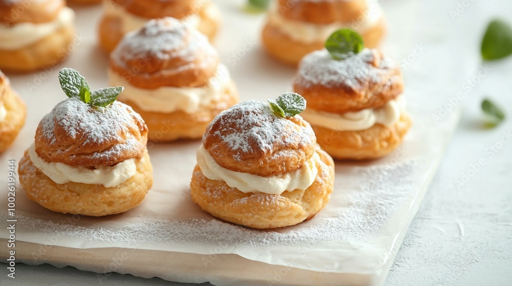 Delicious Cream-Filled Pastry Bites with a Mint Garnish and Dusting of Sugar Delicious Cream-Filled Pastry Bites with a Mint Garnish and Dusting of Sugar