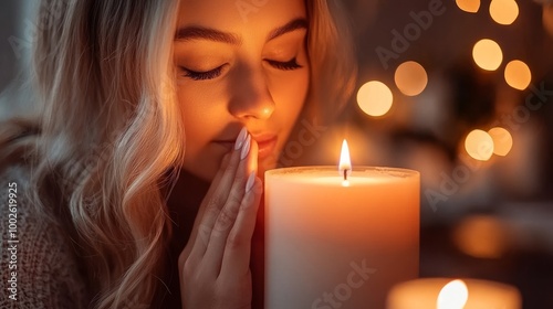 Contemplative Woman Praying by Yahrzeit Candle with Tear Rolling Down Cheek, Deep Introspection Concept photo