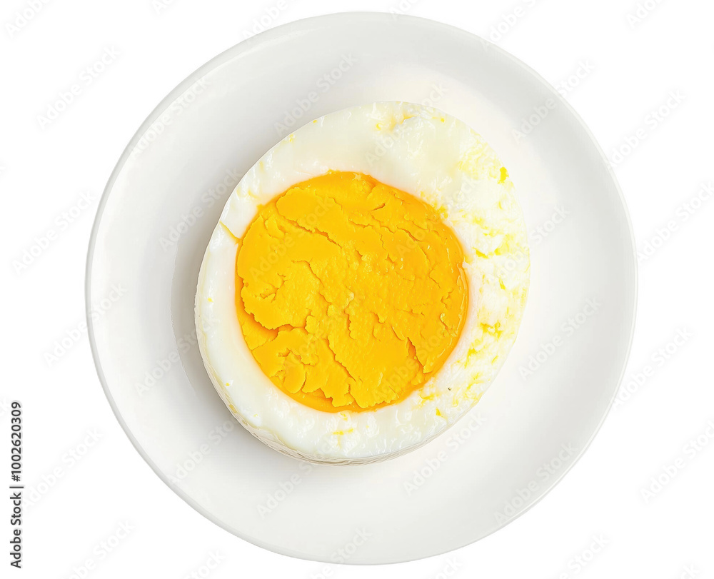 A beautifully presented soft yellow hard-boiled egg on a minimalist white plate A beautifully presented soft yellow hard-boiled egg on a minimalist white plate