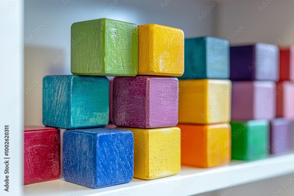 A set of brightly painted wooden blocks stacked in a perfect tower on a white shelf. A set of brightly painted wooden blocks stacked in a perfect tower on a white shelf.