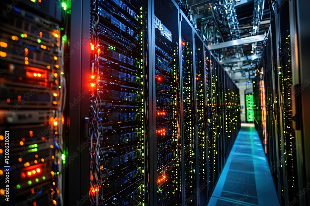 Corridor between advanced server racks in data center
