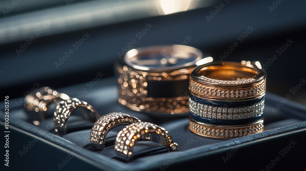 Elegant collection of gold rings displayed in a luxurious setting, showcasing intricate designs and craftsmanship. Elegant collection of gold rings displayed in a luxurious setting, showcasing intricate designs and craftsmanship.