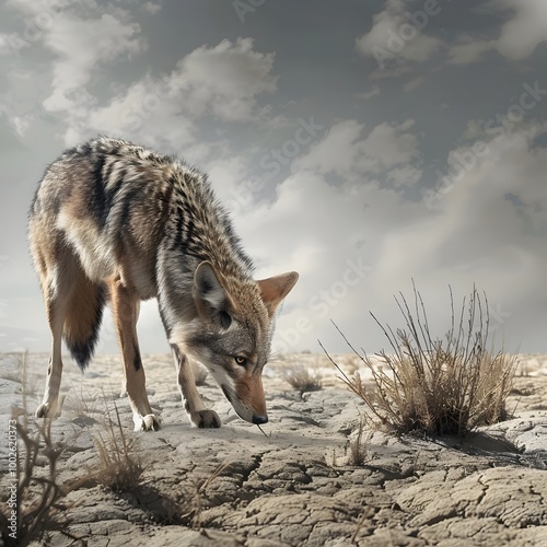 Scrawny Coyote Sniffing Ground in Barren Landscape with Tumbleweeds Blowing in the Wind photo