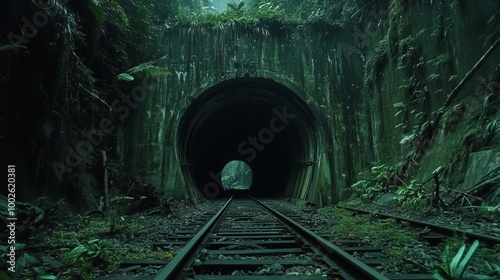 A dilapidated, deserted railroad tunnel situated within an abundant tropical vegetation photo