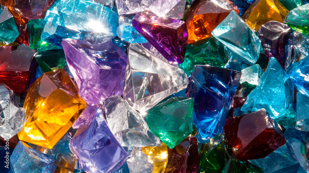 A pile of multicolored glass crystals in various shapes and sizes. A pile of multicolored glass crystals in various shapes and sizes.
