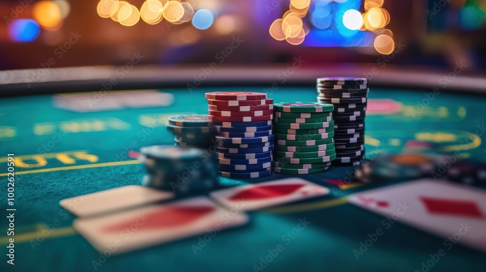 Fototapeta premium A vibrant casino table featuring colorful poker chips and playing cards during an exciting gaming night. Generative AI