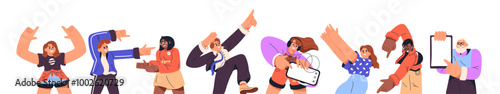 Set of diverse pointing people. Happy men and women gesturing with hands, showing with finger up, down, side. Characters presenting, advertising smth. Flat isolated vector illustrations on white