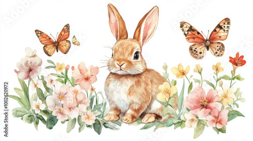 Adorable bunny, spring blooms, and butterflies painted in watercolor, perfect for adding a touch of springtime to your projects.