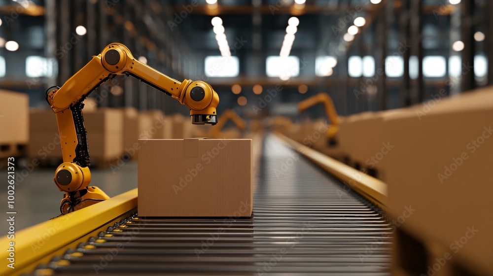 Fototapeta premium Robotic Arm Sorting Packages on Conveyor Belt