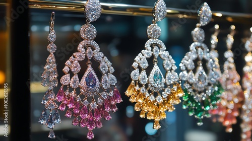 Elegant earrings adorned with sparkling gemstones, showcasing intricate designs and vibrant colors. Perfect for any formal occasion.