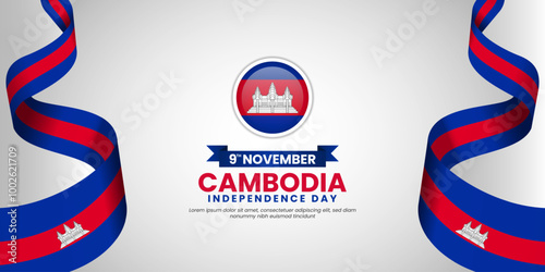 Cambodia fllag for independence day with wavy ribbon white background with copyspace area photo