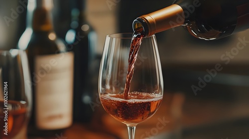 Rose wine in a crystal glasses and bottle. Pouring rose wine into glass.Close-up of a person pouring rosé wine into a glas Wine bar, winery, wine degustation concept. 