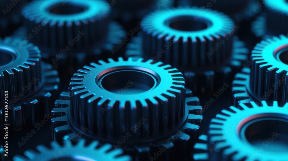 Blue Metal Gears Interlocking Close up Engineering Machine Mechanism Industry Techno Blue Metal Gears Interlocking Close up Engineering Machine Mechanism Industry Techno