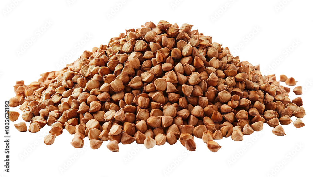 A stunning view of fresh buckwheat grains piled high against a pure white backdrop A stunning view of fresh buckwheat grains piled high against a pure white backdrop