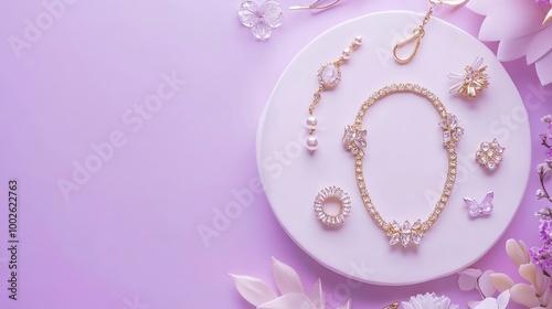 Elegant jewelry displayed on a white plate against a soft purple background, perfect for fashion and accessory photography.