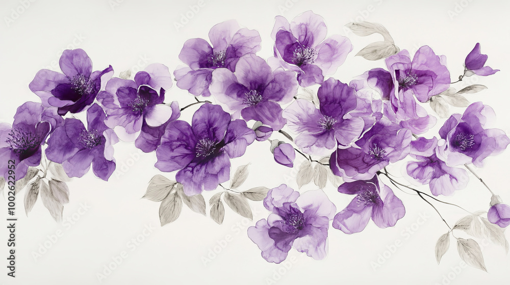 A painting of purple flowers and leaves, like a bunch of blooms, set against a plain white backdrop. A painting of purple flowers and leaves, like a bunch of blooms, set against a plain white backdrop.