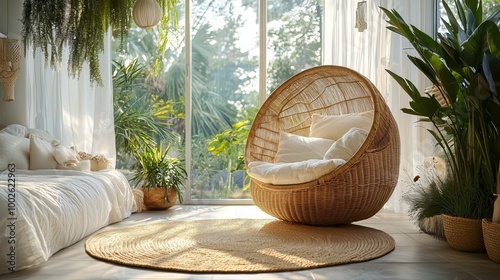 Minimalist Rattan Chair in a Bright Sunroom Setting