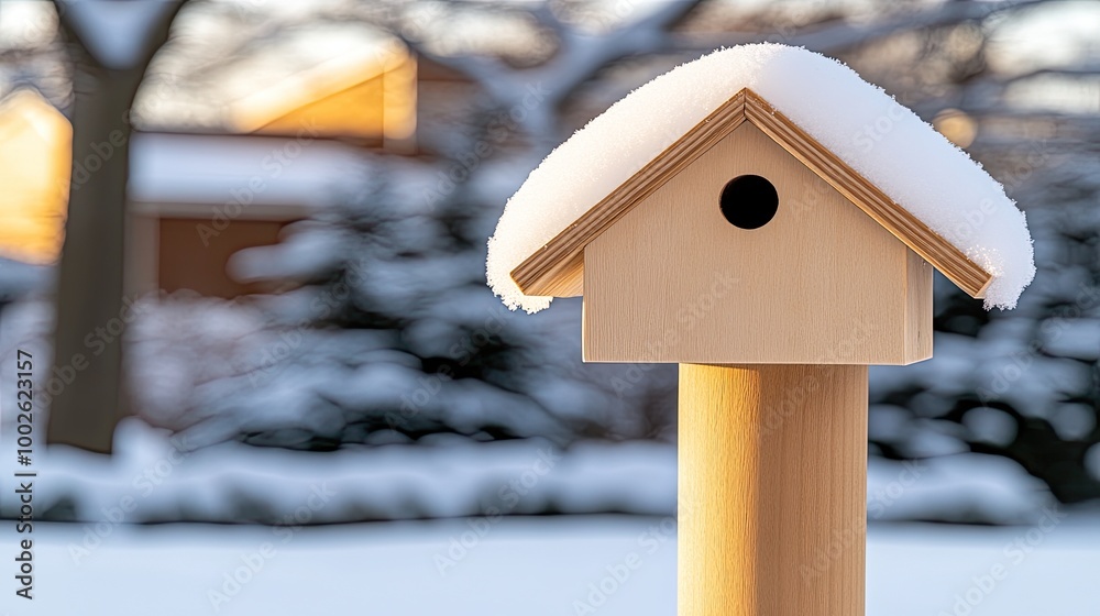 Naklejka premium A charming wooden birdhouse rests on a tree in a serene winter park, surrounded by freshly fallen snow. The peaceful environment invites birds to nest and thrive