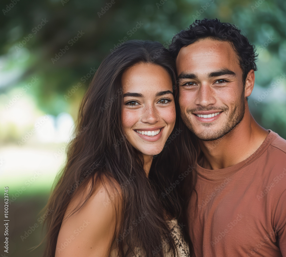 A couple standing close together smiling brightly at the camera surrounded by lush greenery. A couple standing close together smiling brightly at the camera surrounded by lush greenery.