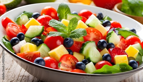 Vibrant vegetable salad with tomatoes, cucumbers, and peppers in a white bowl, ideal for a nutritious meal