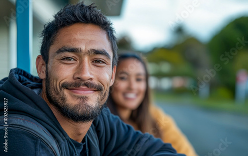Two friends enjoying a casual moment outdoors in a lively neighborhood during the late afternoon light.