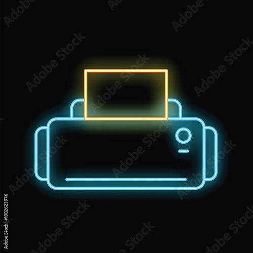 Glowing neon line printer icon isolated on black background vector illustration