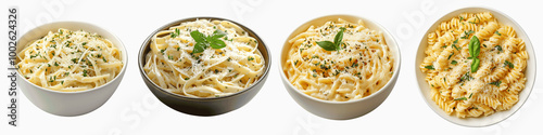 set of A bowl of creamy pasta with parmesan cheese and herbs, png file, cheese, mixed with herbs, creamy pasta, pasta, bowl, on a transparent backgrounds