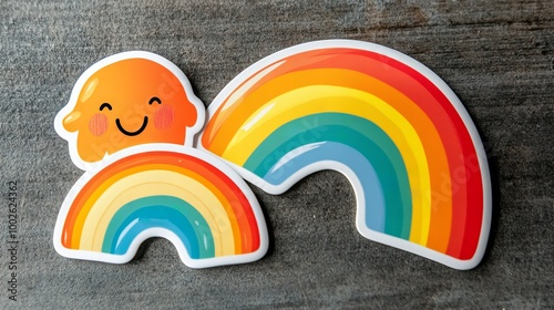 Two colorful rainbow stickers with a smiling cloud sticker on a wooden background.