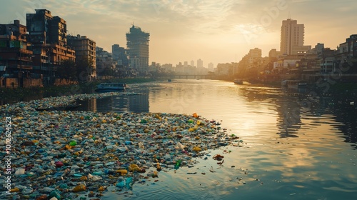 River Choked with Plastic Waste at Sunset photo