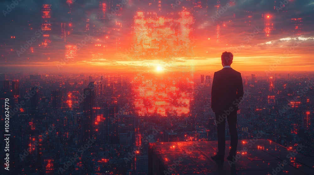 A businessman stands on the roof of a skyscraper A businessman stands on the roof of a skyscraper