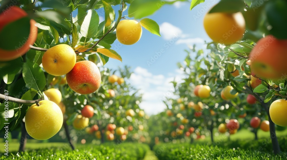 Apple Orchard: A Vibrant Scene of Ripe Red and Yellow Apples Apple Orchard: A Vibrant Scene of Ripe Red and Yellow Apples