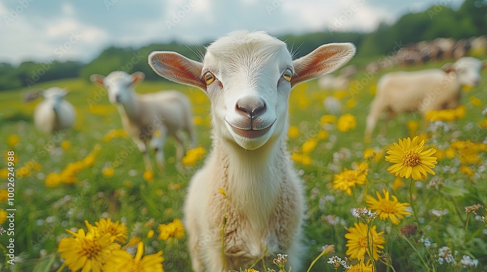 Close-up of a goat in a flock, looking at the camera, with other goats in the background, soft background, peaceful green field with wildflowers landscape Close-up of a goat in a flock, looking at the camera, with other goats in the background, soft background, peaceful green field with wildflowers landscape