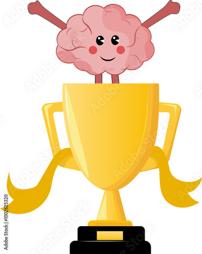 Winner podium colorful brain cartoon characters, cute brain cartoon character Celebrating Championship Win