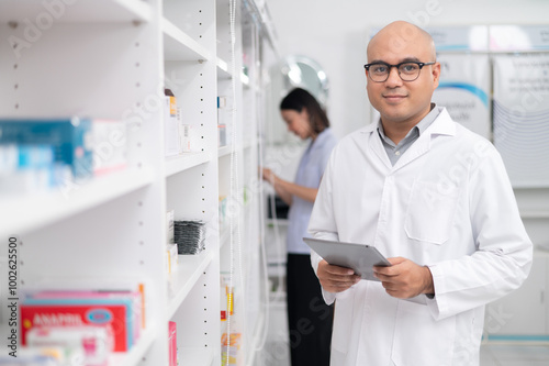 Asian professional male pharmacist using digital tablet computer checking drug list Pharmacist checking stock in pharmacy for health medicine in pharmacy with female pharmacist in the background