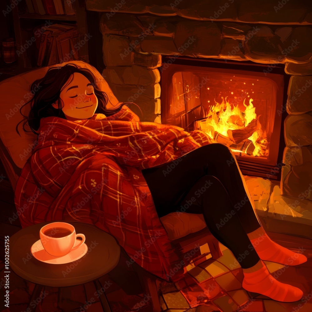 Young girl sits in armchair covered with soft warm woolen plaid next to fireplace. Girl with long curly hair sits in room next to fireplace and table with cup of hot tea. Winter postcard. Young girl sits in armchair covered with soft warm woolen plaid next to fireplace. Girl with long curly hair sits in room next to fireplace and table with cup of hot tea. Winter postcard.