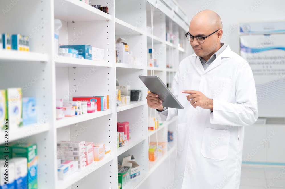 Asian professional male pharmacist using tablet checking drug list holding pill bottle Pharmacist checking stock in pharmacy on shelf looking at camera charming smile Asian professional male pharmacist using tablet checking drug list holding pill bottle Pharmacist checking stock in pharmacy on shelf looking at camera charming smile
