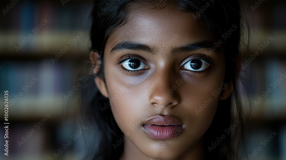 Intense Gaze of Young Girl with Bookshelves in Background Intense Gaze of Young Girl with Bookshelves in Background