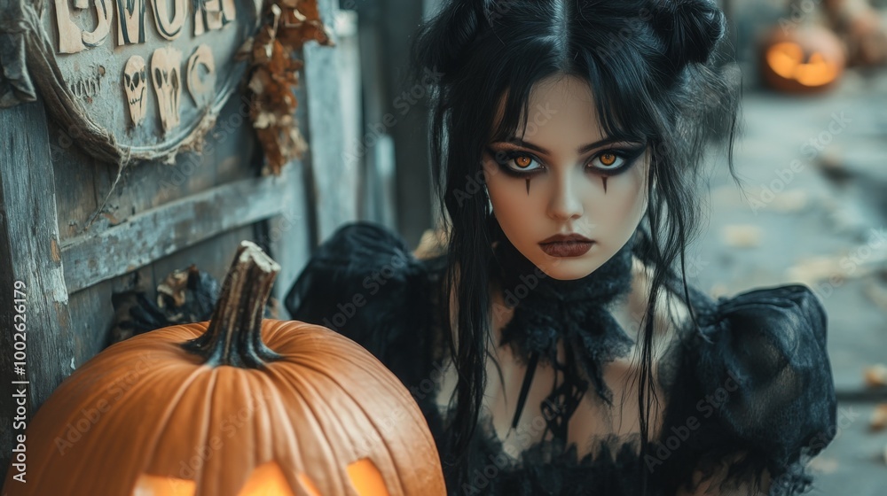 Dark Gothic Halloween Aesthetic with Pumpkins and Mysterious Girl Dark Gothic Halloween Aesthetic with Pumpkins and Mysterious Girl