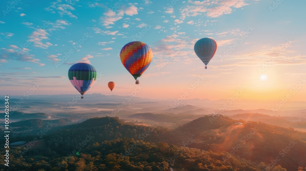 Colorful hot air balloons flying over the mountain at sunrise Colorful hot air balloons flying over the mountain at sunrise