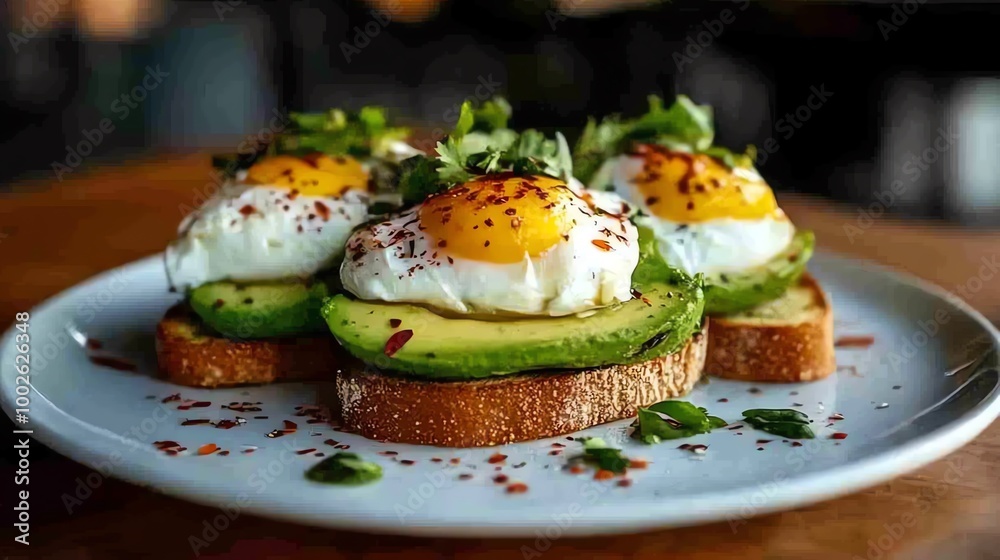 Avocado toast with poached eggs, garnished with fresh herbs and a sprinkle of chili flakes, minimalist presentation on a white plate, breakfast, healthy and trendy