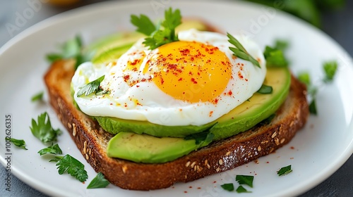 Avocado toast with poached eggs, garnished with fresh herbs and a sprinkle of chili flakes, minimalist presentation on a white plate, breakfast, healthy and trendy