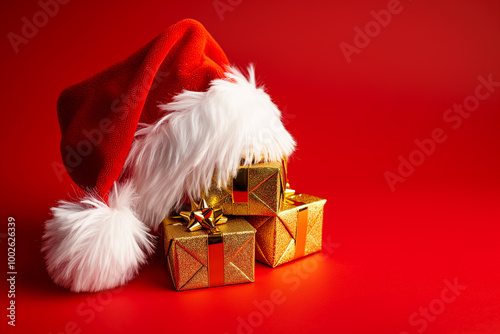 Christmas gifts with a red Santa hat stacked on top against a red background, festive holiday presents wrapped in shiny golden paper photo