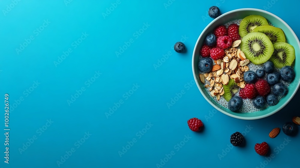 Healthy breakfast bowl with chia pudding, topped with kiwi, berries, and almond flakes, vibrant colors and minimalist setup, breakfast, wellness food trend Healthy breakfast bowl with chia pudding, topped with kiwi, berries, and almond flakes, vibrant colors and minimalist setup, breakfast, wellness food trend