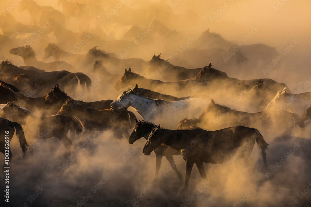 Fototapeta premium Wild Yilki Horses (Vahşi Yılkı Atları) in the Dust Drone Photo, Hürmetci Village Hacılar, Kayseri Turkiye (Turkey)