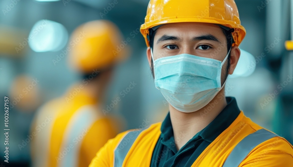 Construction Worker Wearing Face Mask Safety Portrait Construction Worker Wearing Face Mask Safety Portrait