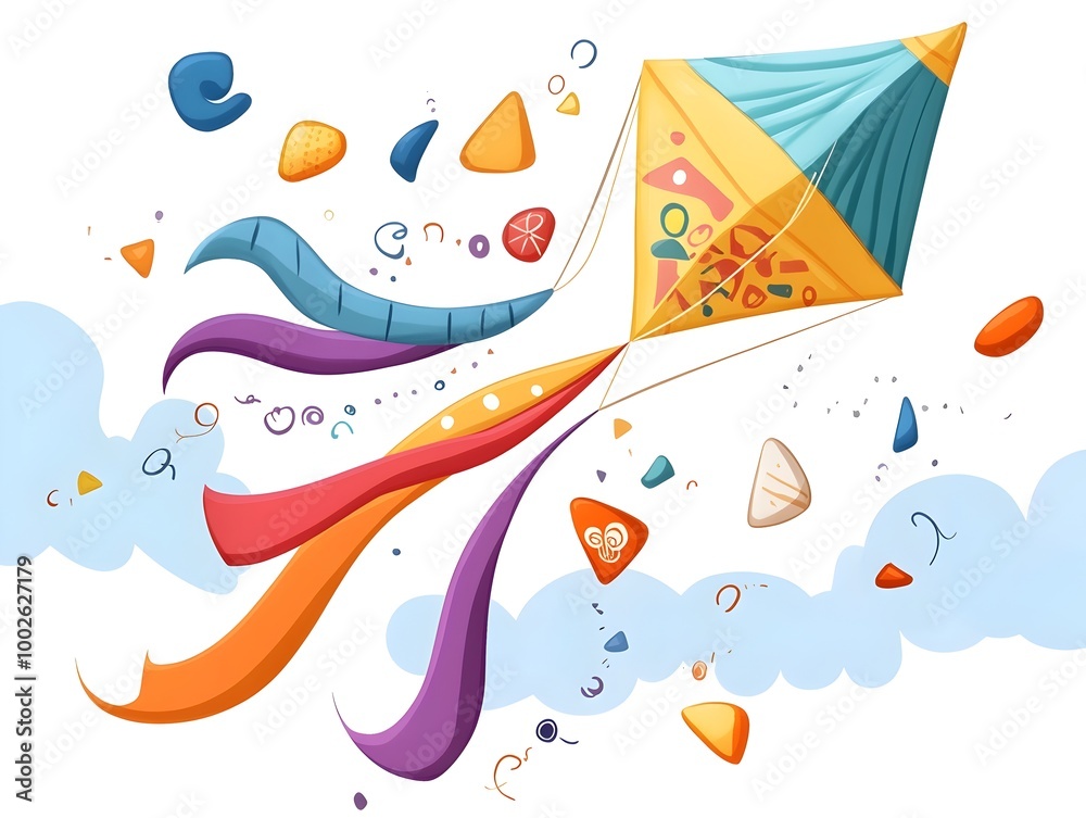 Naklejka premium Elegantly Ascending Kite with Vibrant Fluttering Tail and Playful Patterns Against the Sky
